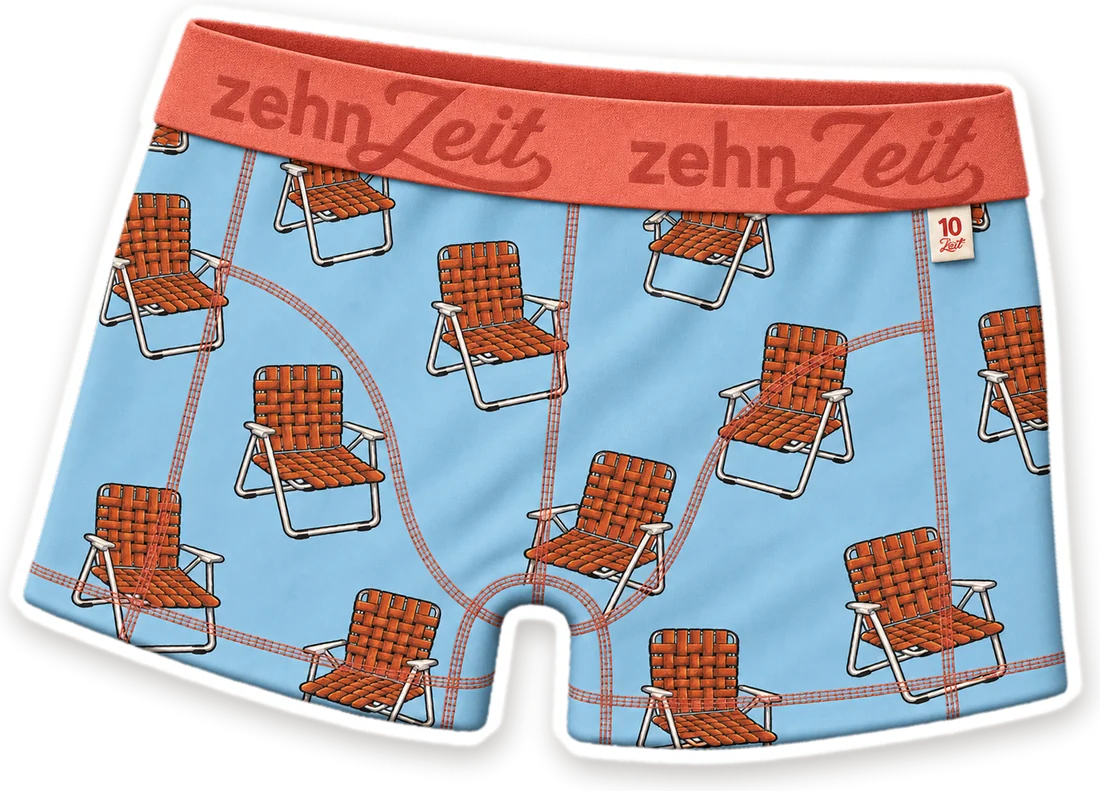 10Zeit Boxershorts für Teens in Hellblau mit orangefarbenen Liegestühlen und rotem zehnZeit-Bund