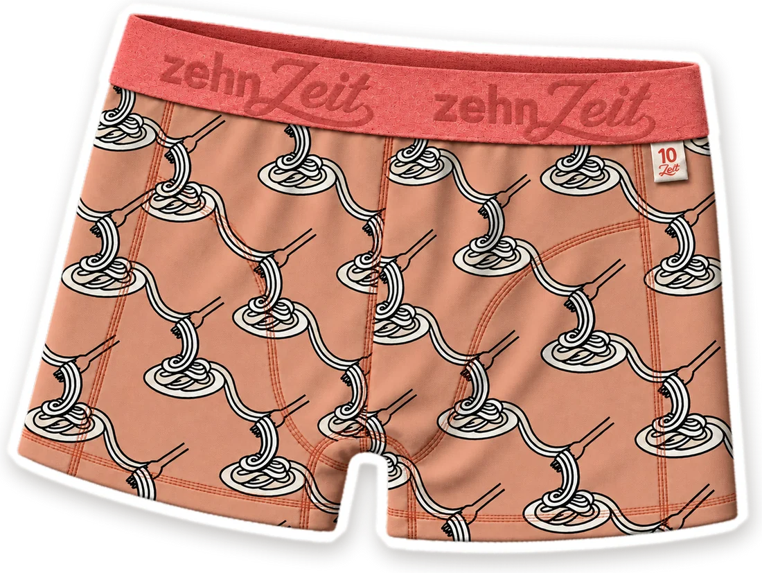 10Zeit Boxershorts für Teens in Lachs mit Spaghetti-Gabel-Muster und zehnZeit-Bund